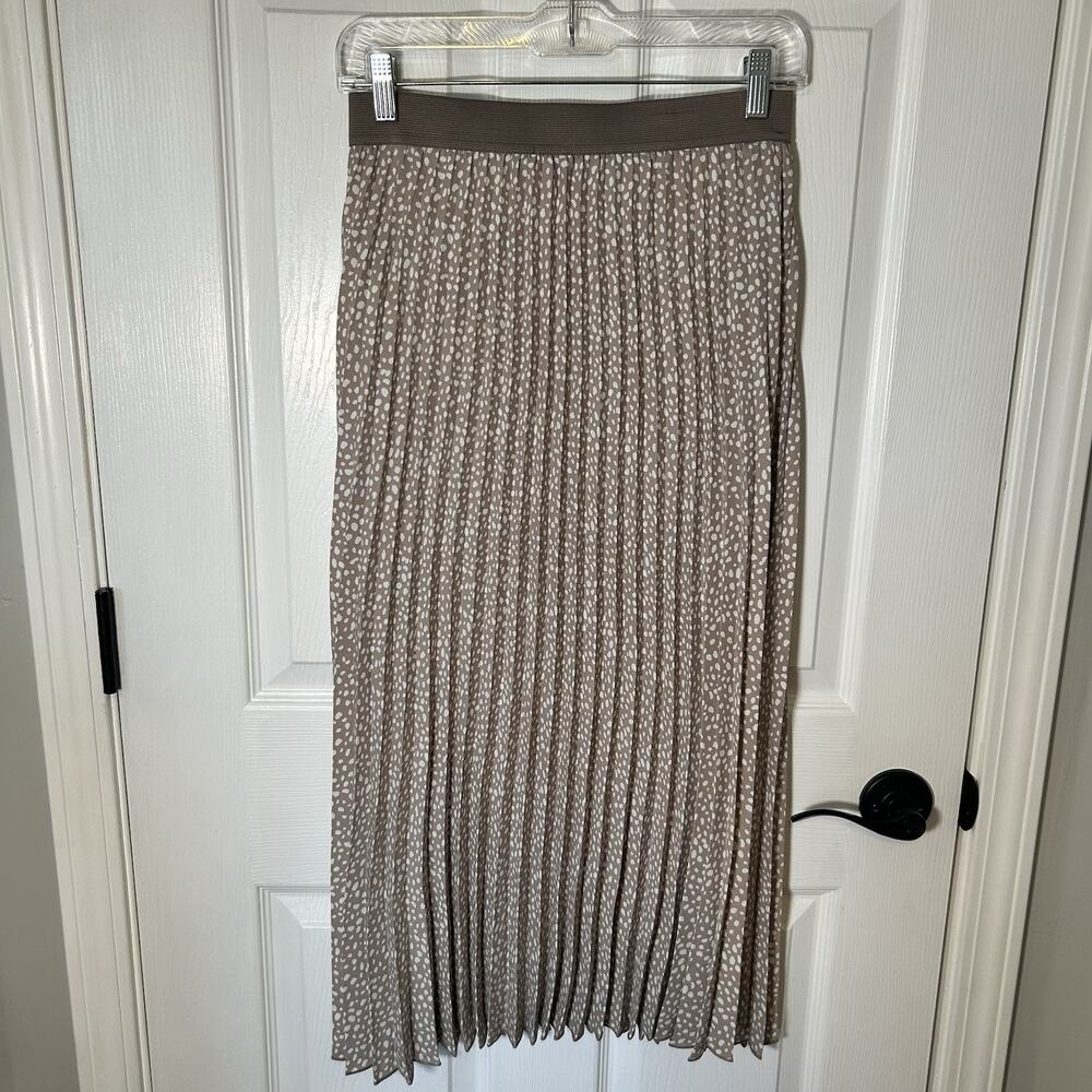 Vince Camuto Tan & White Polka Dot Midi Pleated Skirt XS